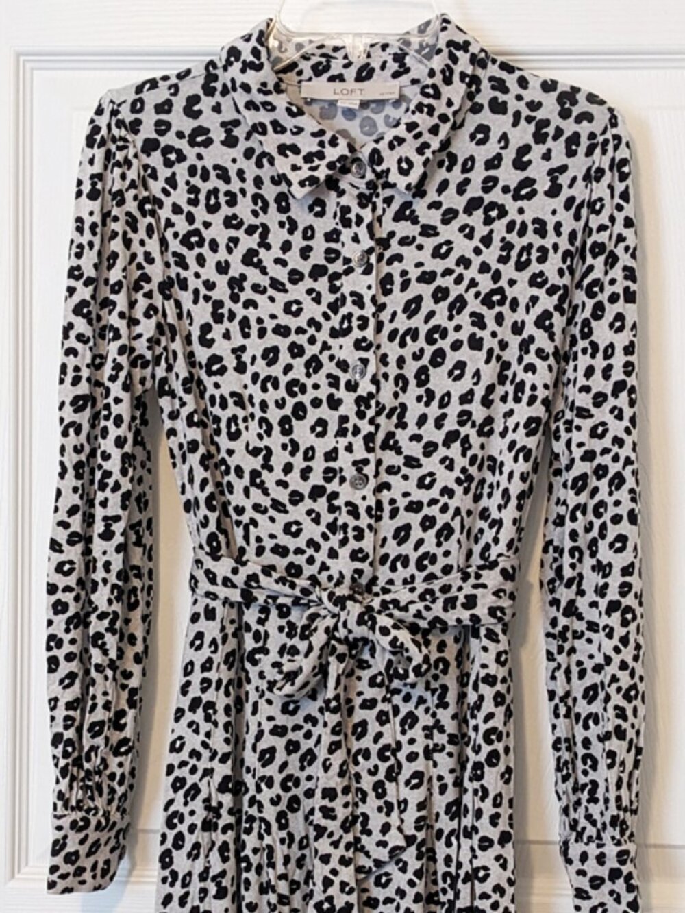 LOFT Leopard Print Long Sleeve Belted Midi Petite Shirt Dress